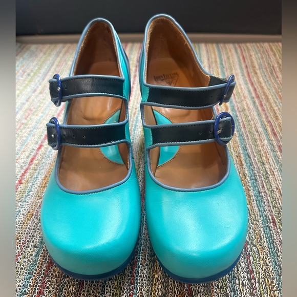 Fluevog LIKE NEW KKBB Liz turquoise/navy double strap MJ heel - 8.5 (fits 8) - Picture 5 of 16